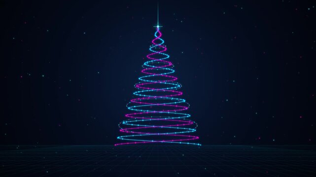 Futuristic 2026 trend aesthetic depicting a glowing digital neon Christmas tree formed by cybernetic holographic spirals and floating data bokeh particles on a dark tech backdrop.