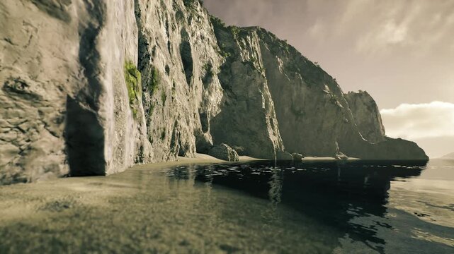Moody coastal plateau with shallow water and overcast glow, subtle waves lapping textured rock ledge editorial environmental scene tailored for conservation