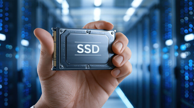 High performance solid state drive held by technician hand server room, futuristic blue data center lighting and blurred racks creating focused