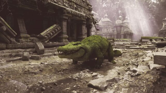 Mossclad crocodile resting amid collapsed sanctuary columns, soft rays filtering through canopy, detailed moss texture and scattered stone fragments create