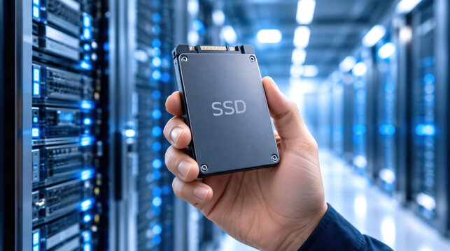 High resolution close up of single technician hand holding SSD drive server room, cool blue lighting and blurred server racks evoke precision