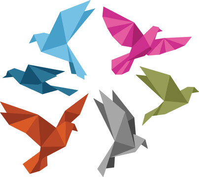 Colorful low poly origami paper birds flying in a circle set vector illustration geometric pigeon dove symbols isolated