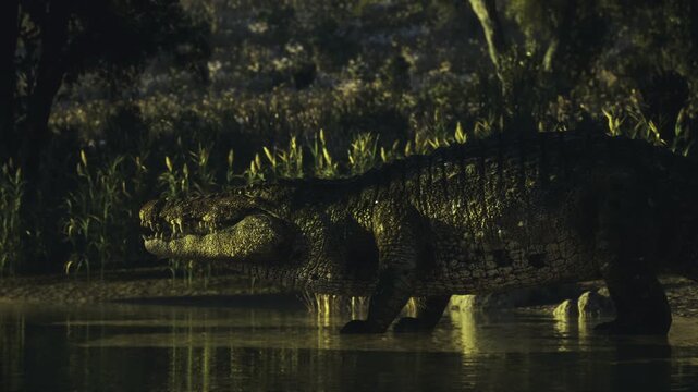 Crocodile stepping through shallow reflective water, deliberate gait and primeval presence, wetland ecosystem detail and timeless wildlife resilience captured
