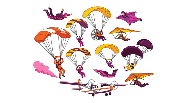 Extreme air sports vector set featuring skydivers parachuting hang gliding wingsuit flying and jump airplane isolated on white background