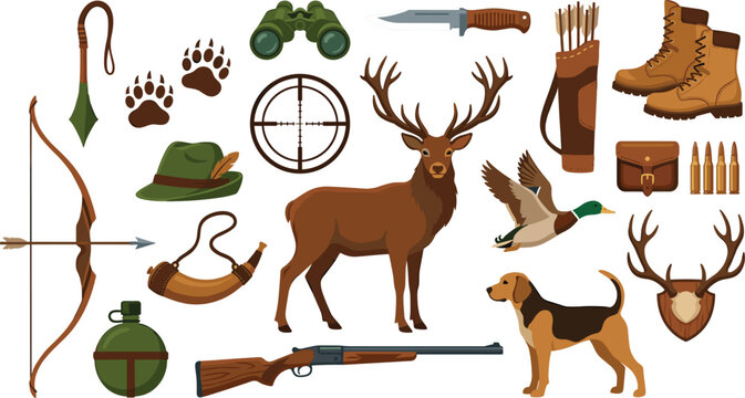 Hunting equipment and wildlife collection set vector illustration with rifle deer hunting dog bow duck isolated on white background