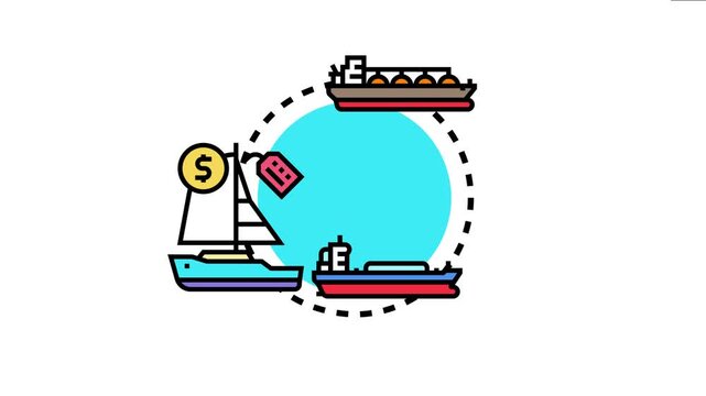 Concept depicting various types of maritime vessels. Including a sailboat. Cargo ship. And tanker. Navigating around a circle representing the ocean. Cost. And legal aspects