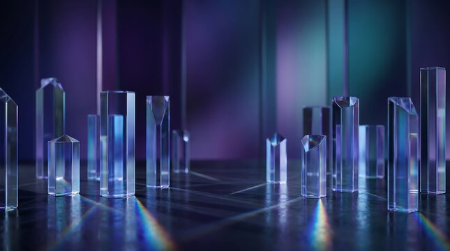 Abstract composition of transparent glass rectangular prisms catching light to create colorful refractions with refraction transparent geometric