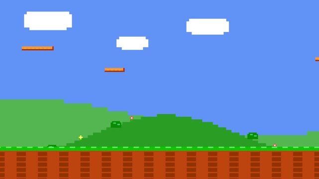 Classic retro 8 bit video game background featuring scrolling green hills blue sky and floating platforms. 4K Video