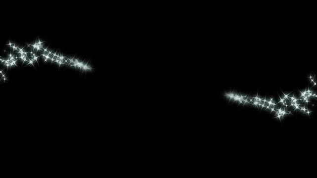 White fairy dust wand trail with twinkling stars, sparkling glitter particles and glowing line burst, magical cartoon motion graphics on chroma key black screen background, seamless 4k loop