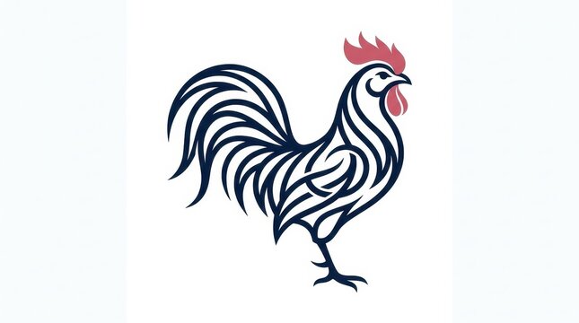 Elegant Stylized Rooster Vector Illustration with Red Comb and Navy Blue Line Art Design on White Background