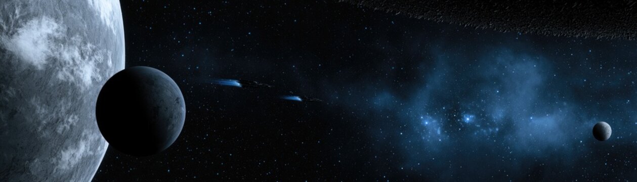 A dark, vast expanse of space with planets, moons, and nebulae