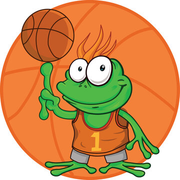 Cute Cartoon Frog Playing Basketball Slam Dunk Vector Illustration