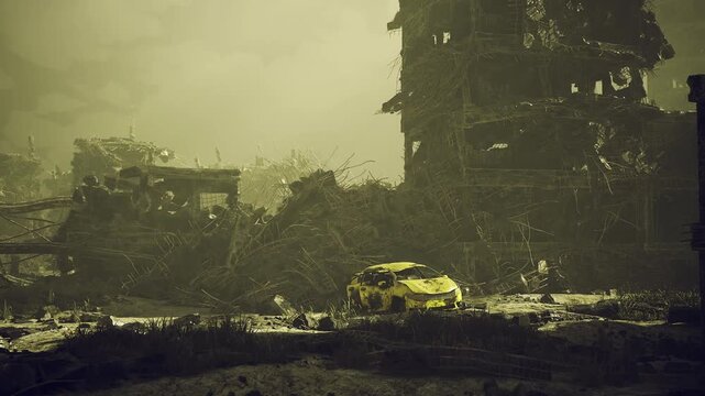 Yellow hatchback visible among shattered facades, dusty light and cracked pavement, broken glass and leaning frames suggest recent collapse, atmosphere