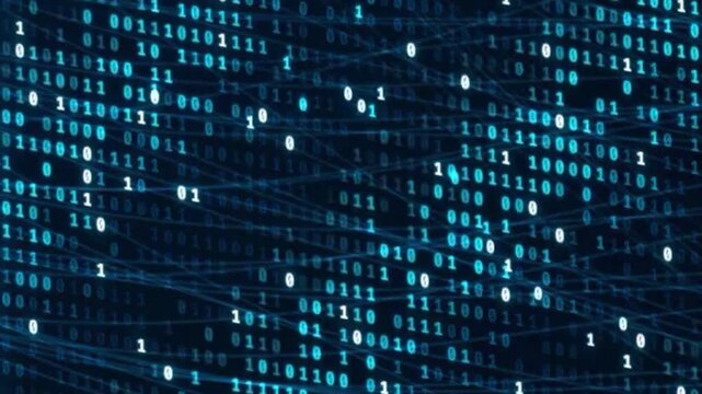 Binary code stream animation. Digital matrix background. Computer data processing flow. Cyber security code perspective. Glowing blue numbers display. Information technology panel. Cyberpunk software 