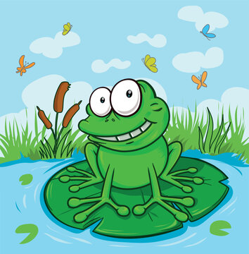 Adorable cartoon frog character sitting on water lilly leaf. vector illustration