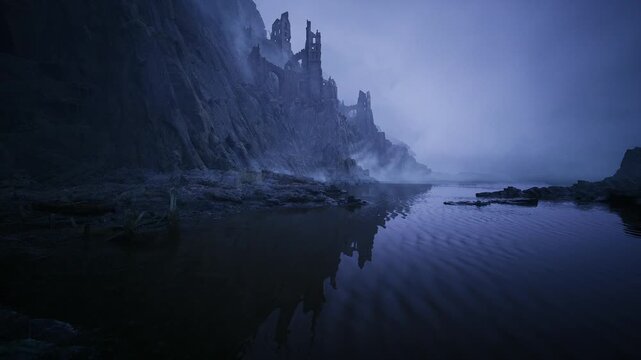 still bay at dusk with towering cliffs, mirror reflections creating symmetrical composition, scattered rocks and ripples adding texture, cinematic serene