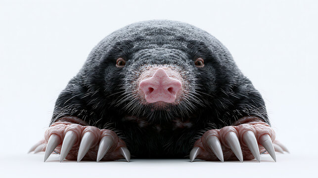 Close up of a star nosed mole with prominent claws against a white background