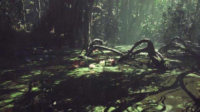 Mossy swamp floor bathed in sunlight, tangled roots and drifting mist create cinematic botanist survey scene with lily pads, algaecoated logs, dappled canopy