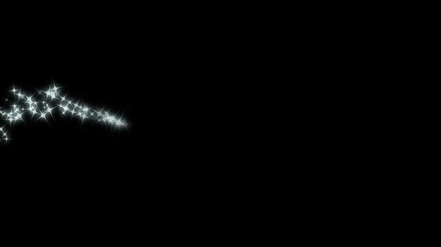 Bright twinkling star line sweeping across the screen, white glitter particles and magical fairy dust trail, fast luminous transition effect on black screen for modern 4k motion graphics