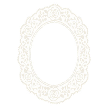Lace elegant frame with floral shapes embroidery . Oval whimsical lace border in crochet style with decorative ornament. Vector whimsy botanical doily for scrapbooking, diary, wedding collage.