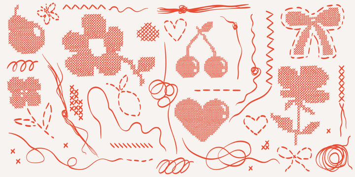 Red threads cross stitch heart, flower rose, cherry and bow shape. Vintage embroidery needle craft elements. Retro hand made overlay collage, scrapbooking and social media sewing scribble drawings.