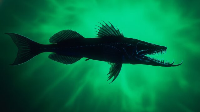 Deep sea predatory fish silhouette with sharp teeth swimming in glowing green underwater abyss