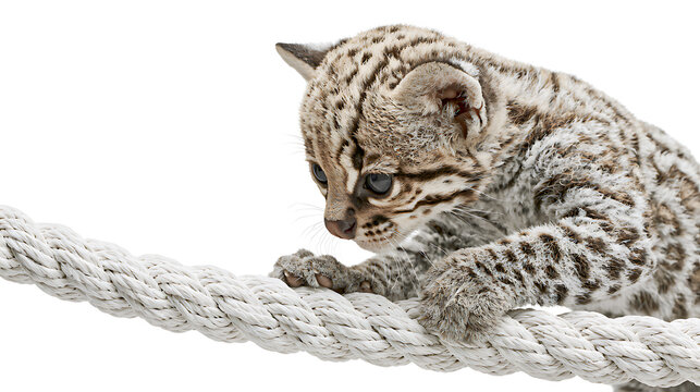Baby ocelot cub climbing a thick white rope against a white background
