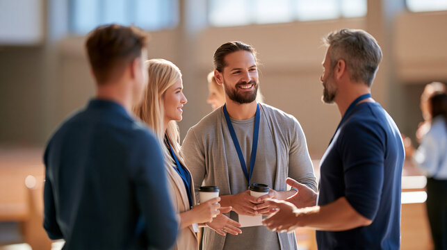 Church volunteers welcoming visitors at the entrance of a bright sanctuary, faces softly defocused, hospitality, fellowship, community worship, Christian outreach, with copy space