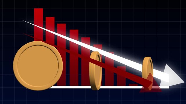 Financial Crisis Bar Chart with Falling Coins and Downward Arrow