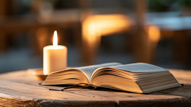 Close-up of an open Bible resting on a wooden church altar beside a burning candle, Christian faith, prayer, scripture, devotional still life, warm natural light, with copy space