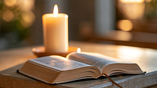 Close-up of an open Bible resting on a wooden church altar beside a burning candle, Christian faith, prayer, scripture, devotional still life, warm natural light, with copy space