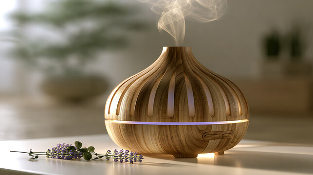 Wooden essential oil diffuser emits vapor on a light colored surface