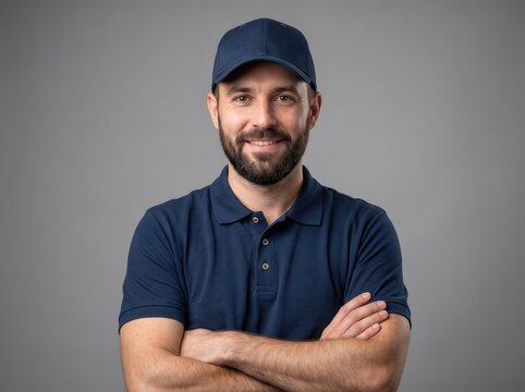 Man with a beard wearing a dark blue polo shirt and a matching baseball cap standing with arms crossed against a plain grey background