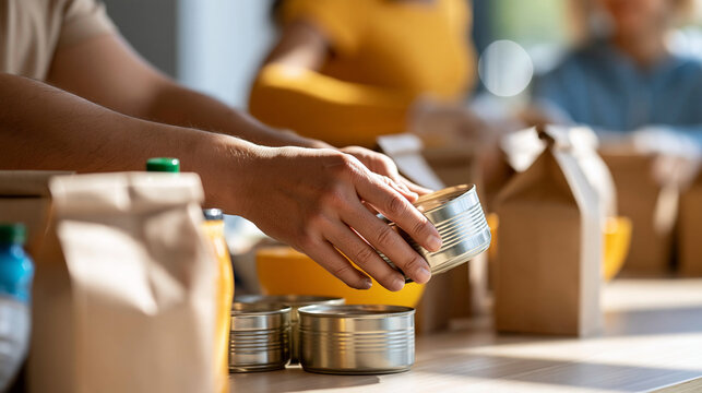 Anonymous volunteers preparing donated food packages inside a church community center, hands and supplies in focus, charity, Christian outreach, food donation, humanitarian