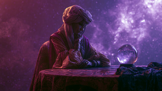Fortune teller gazes into a crystal ball against a cosmic purple backdrop