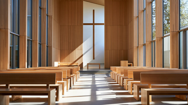 Bright modern church sanctuary with tall wooden walls, simple cross, rows of elegant pews and abundant natural sunlight, peaceful Christian worship space, spirituality, faith,