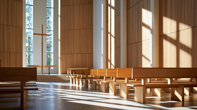 Bright modern church sanctuary with tall wooden walls, simple cross, rows of elegant pews and abundant natural sunlight, peaceful Christian worship space, spirituality, faith,