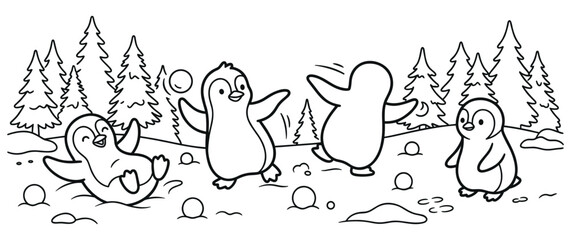 Fototapeta premium Funny penguins playing in snow in a winter pine forest landscape set.