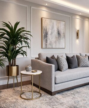 Modern luxury living room interior with grey sofa gold accents and green plant