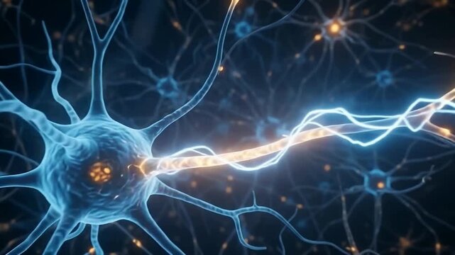 Neuron firing electrical impulse along axon pathway in human brain nervous system concept