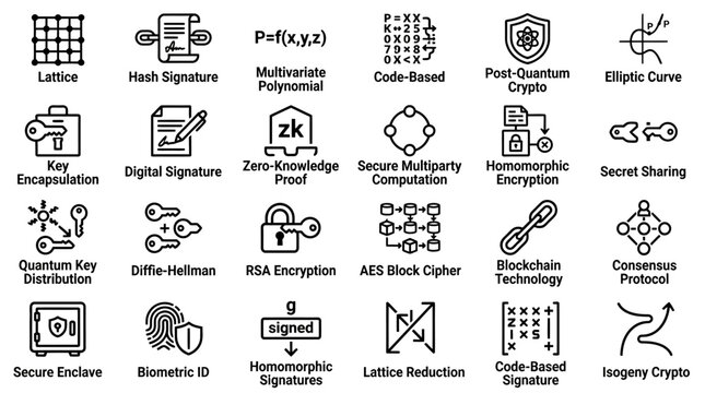 Cryptography and security icons set displaying lattice, hash signature, multivariate polynomial, code-based cryptography, post-quantum crypto, elliptic curve, key encapsulation, and zero-knowledge.