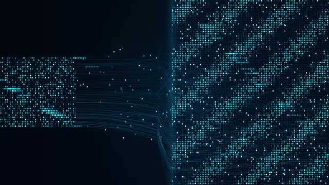 Binary data stream flow. Futuristic fiber network. Digital information processing grid. Matrix code background. Blue particle light rays. Cyber technology interface panel. Cyberpunk big data. video 4k