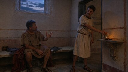 Obraz premium Men in Ancient Clothing Lighting an Oil Lamp in a Simple Room at Dusk