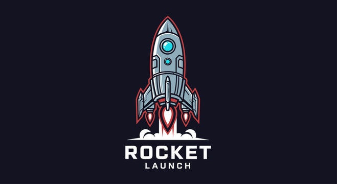 Stylized rocket launch logo design with bold outlines and modern vector aesthetic.