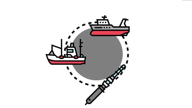 Marine trawling fishing industry utilizing specialized boats and nets for commercial seafood harvest from oceanic waters, impacting ecosystems and global food supply
