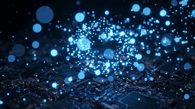 Abstract data stream flowing across computer circuit board symbolizing digital transformation and innovation concept