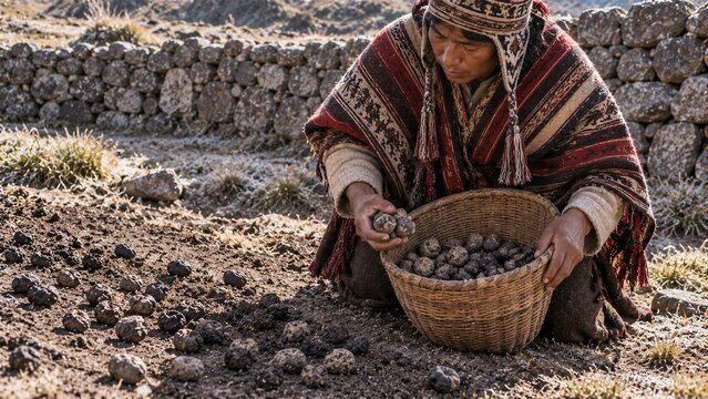 Farmer in Traditional Clothing Gathering Field Crops Into a Woven Basket