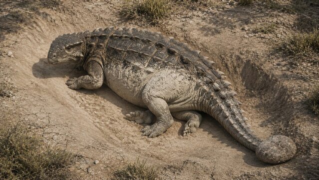 Armored Dinosaur Resting In A Shallow Depression In Dry Earth