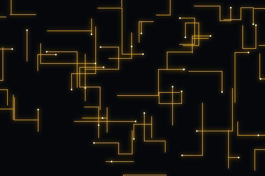 Golden electronic circuit board traces glowing on a black background.