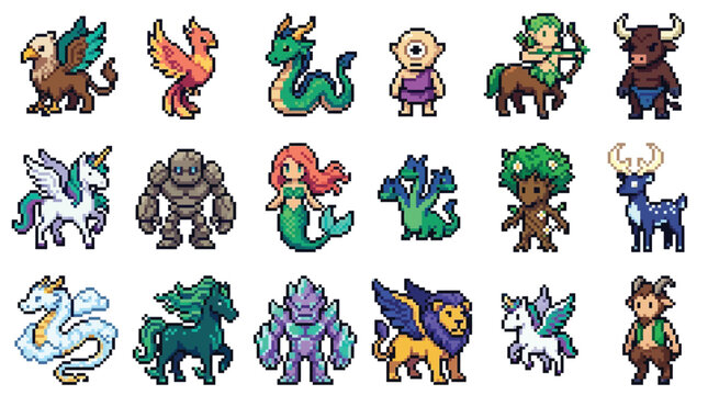 Set of various fantasy creatures and mythical monsters in pixel art style.